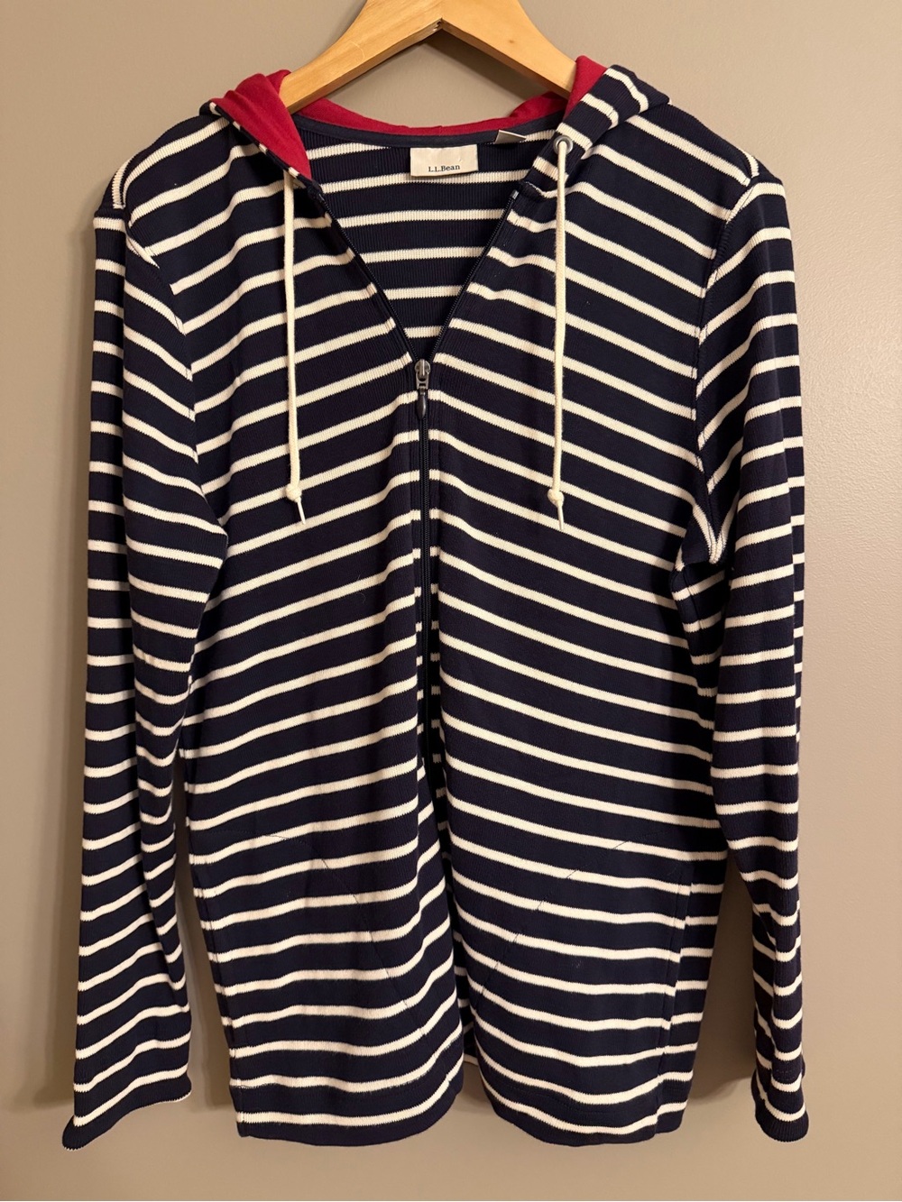 L.L. Bean 100% Cotton Navy Striped Full Zip Hoodie Sweater Red Hood Size Large